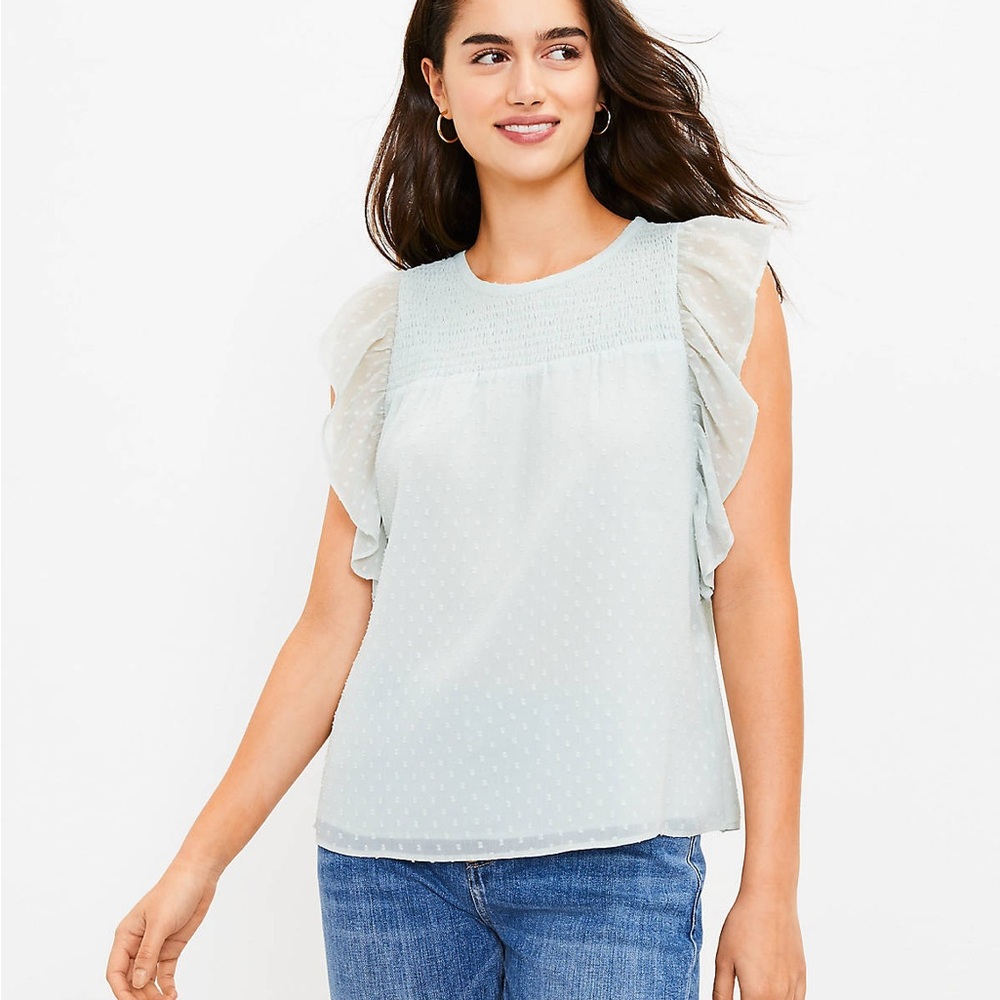 LOFT Blue Clip Dot Smocked Flutter Sleeve Top